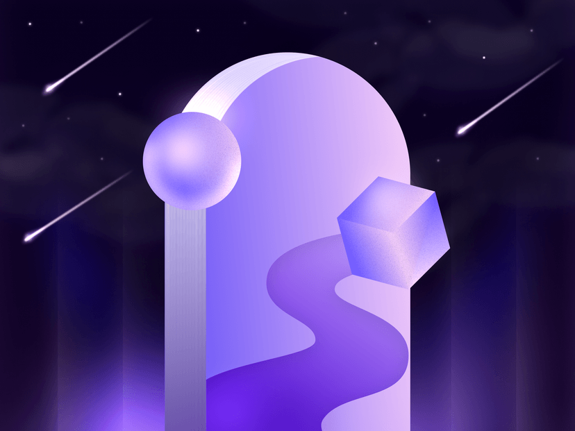 Abstract purple scene with an arched portal, curved path, and floating geometric shapes under a starry sky