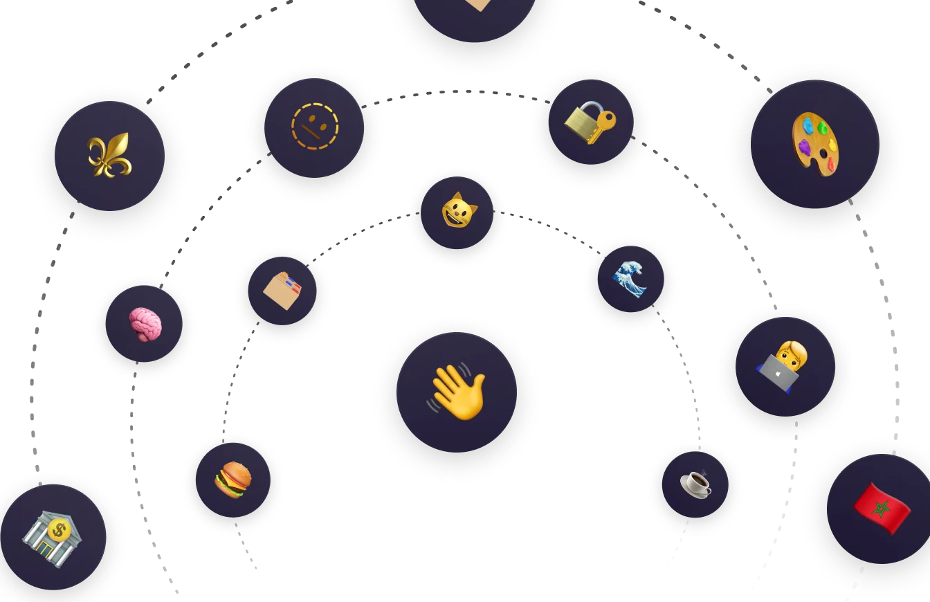 Emojis showing some of my interests, like design, finance, coding and so on