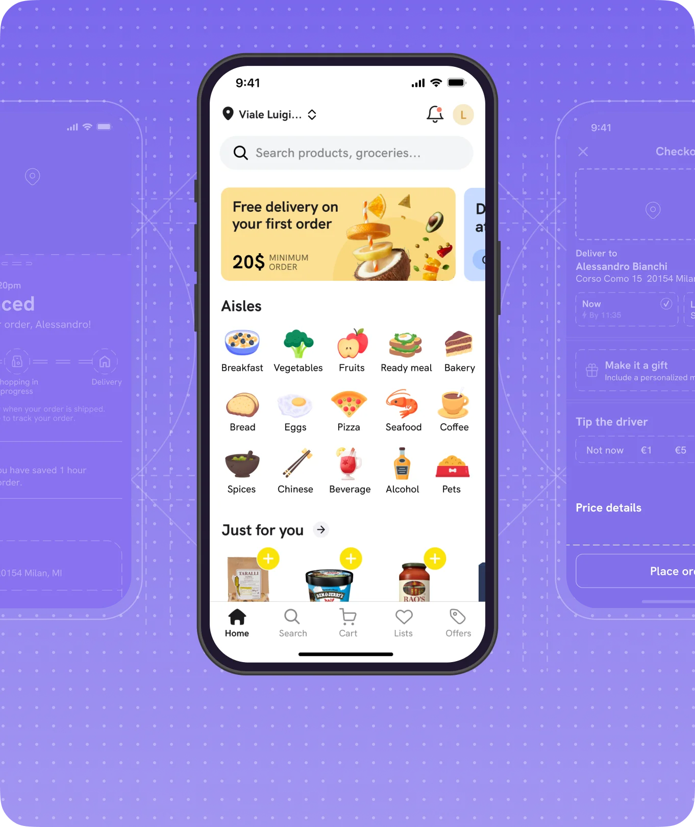 Mobile mockup showing a few screens of the Foodero app